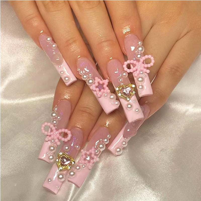 24-Piece Bowknot Press-On Nail Set - Long Square False Nail Tips
