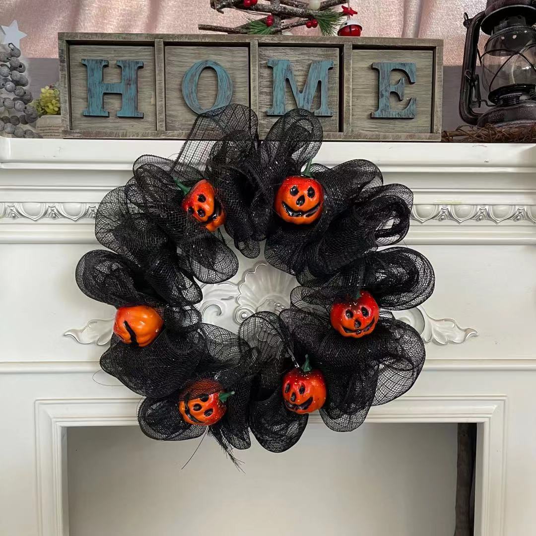 Black Pumpkin Mesh Garland Halloween Wreath Door Hanging 40cm