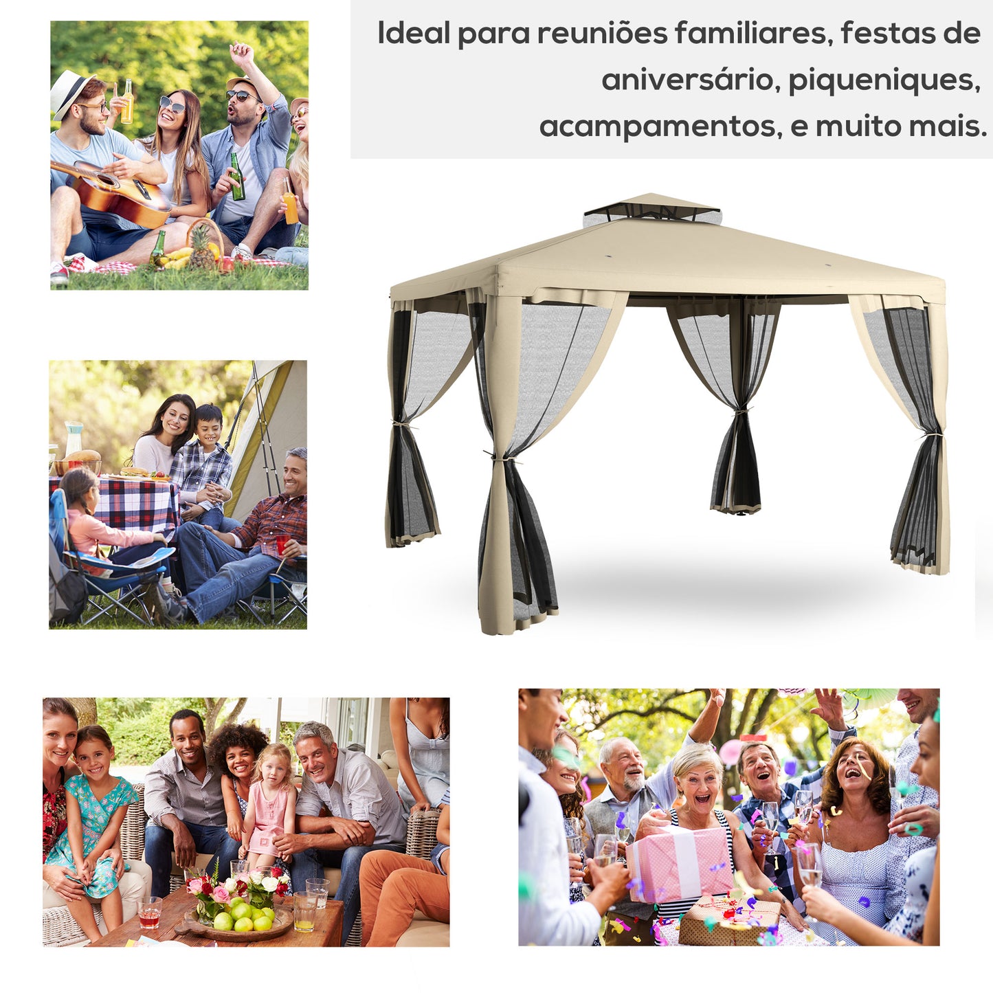 Patio Gazebo Canopy Shelter with 2-Tier Roof & Netting - Taupe