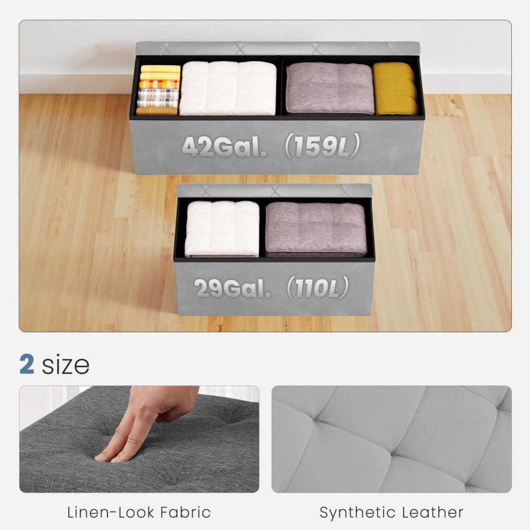 43-Inch Foldable Storage Bench - Grey PVC, 660 lb Capacity