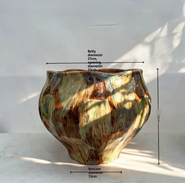 Ceramic Flower Pot with Wavy Rim or Dinosaur Egg Surface - Handmade Home Garden Decor