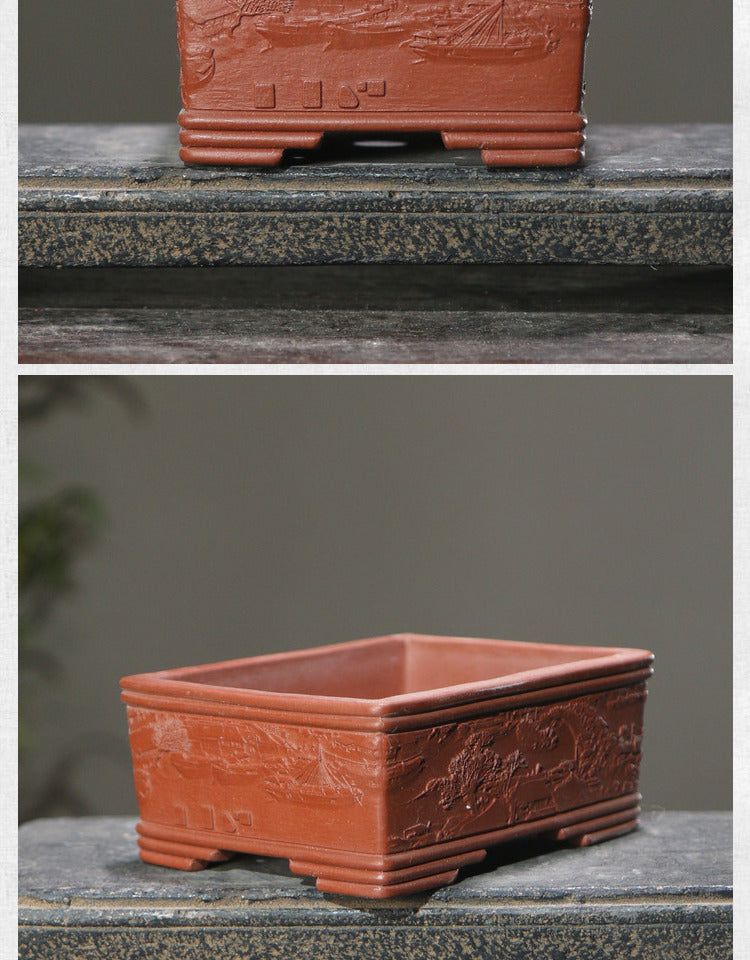 Rotating Rectangular Ceramic Flower Pot Set with Bamboo Basin - Classic Garden Decor