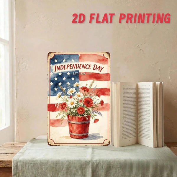 Patriotic Independence Day Floral Metal Tin Sign - 7.87 Inch