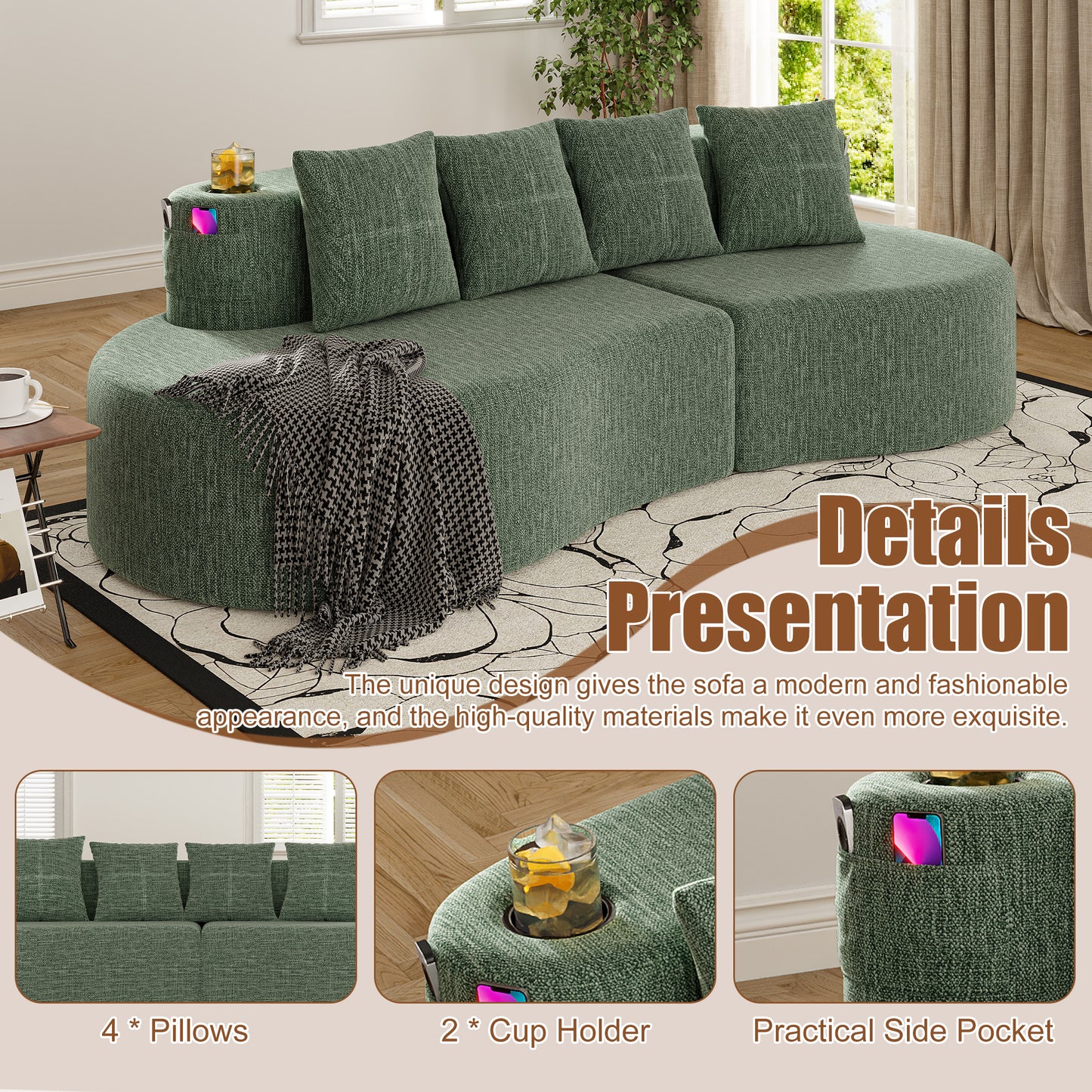 Modern Curved 3-Seat Sectional Sofa - Elegant Half Moon Design, Green