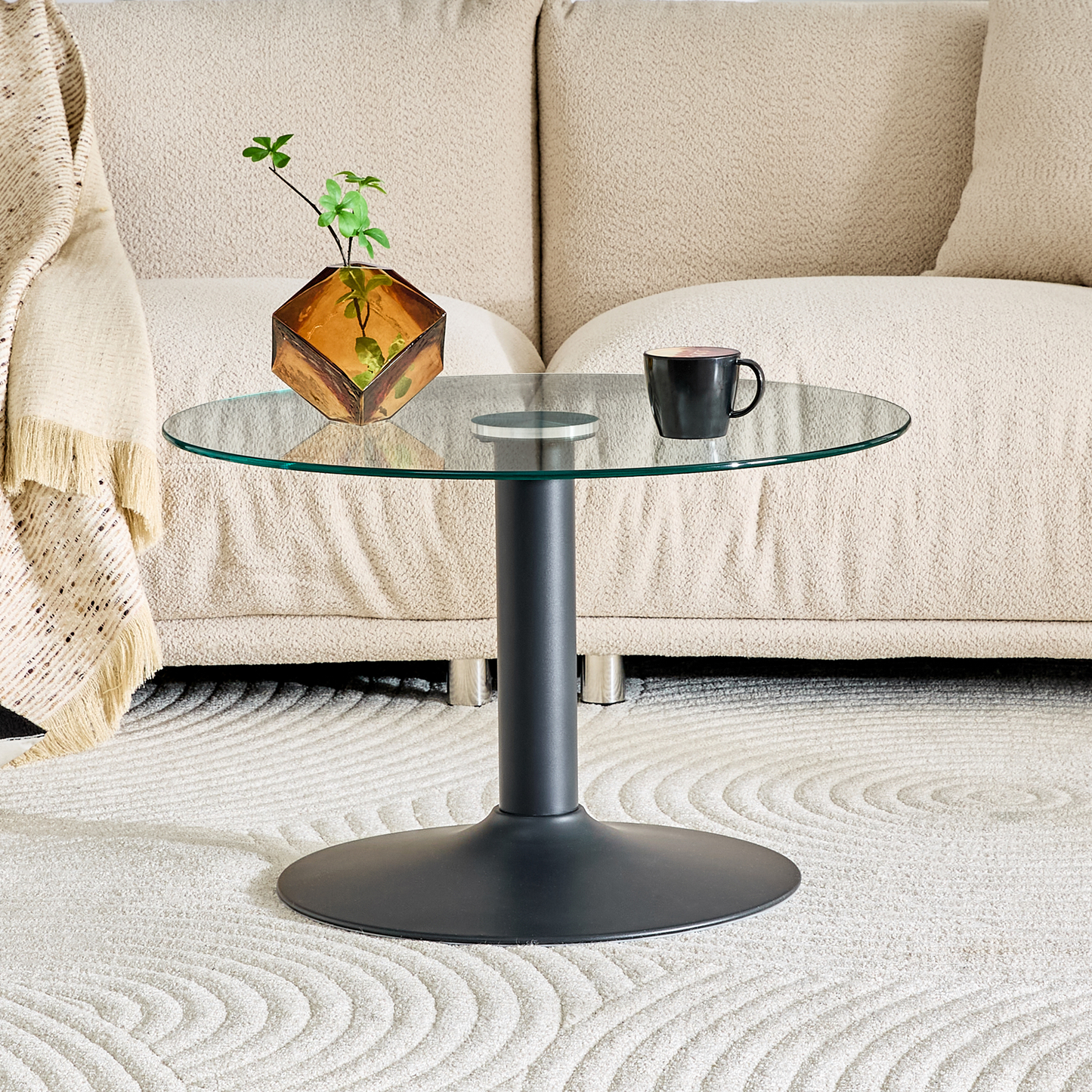 27.5-Inch Round Tempered Glass Coffee Table with Black Metal Base