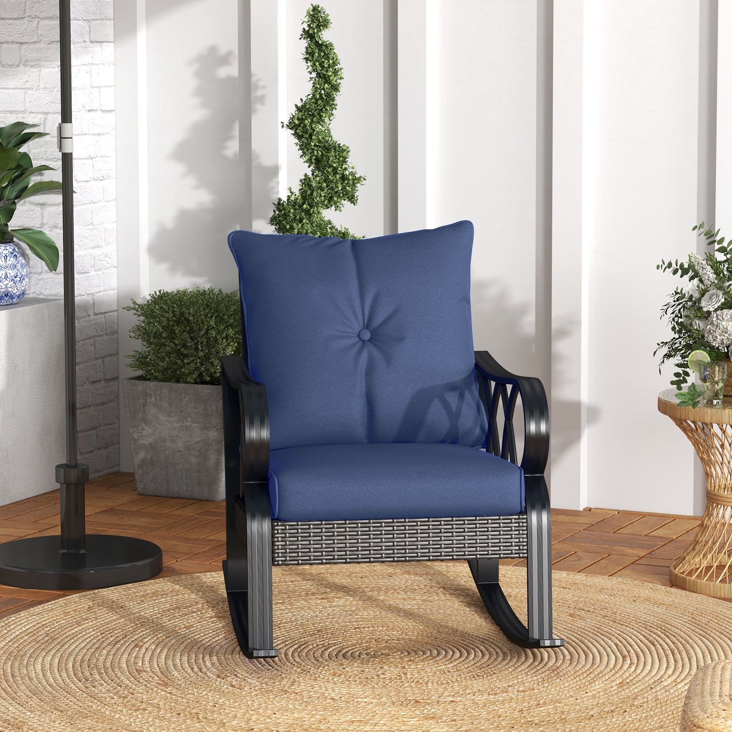 Navy Blue Outdoor Wicker Rocking Chair with Cushions