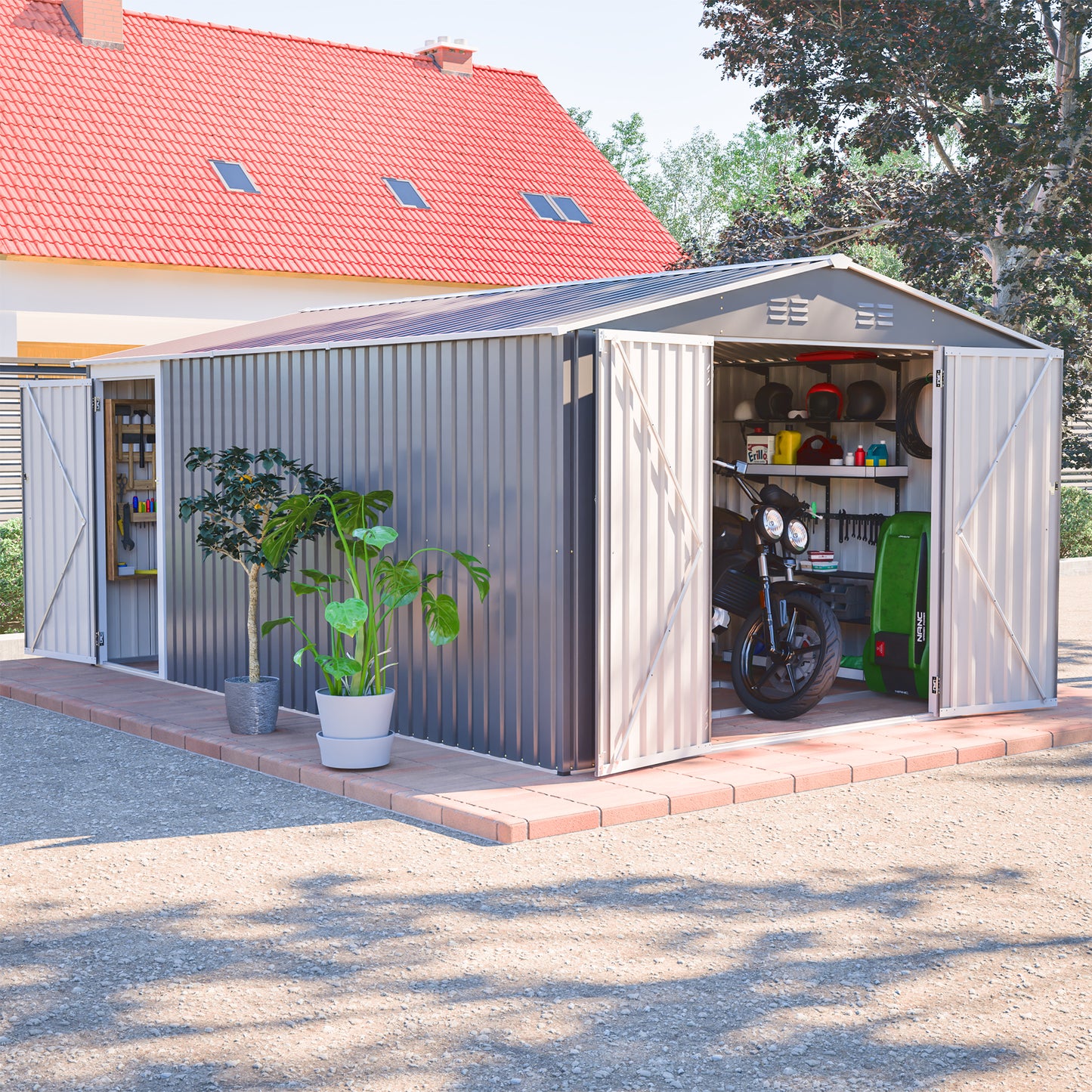 10x14 FT Metal Outdoor Storage Shed with Lockable Doors - Gray