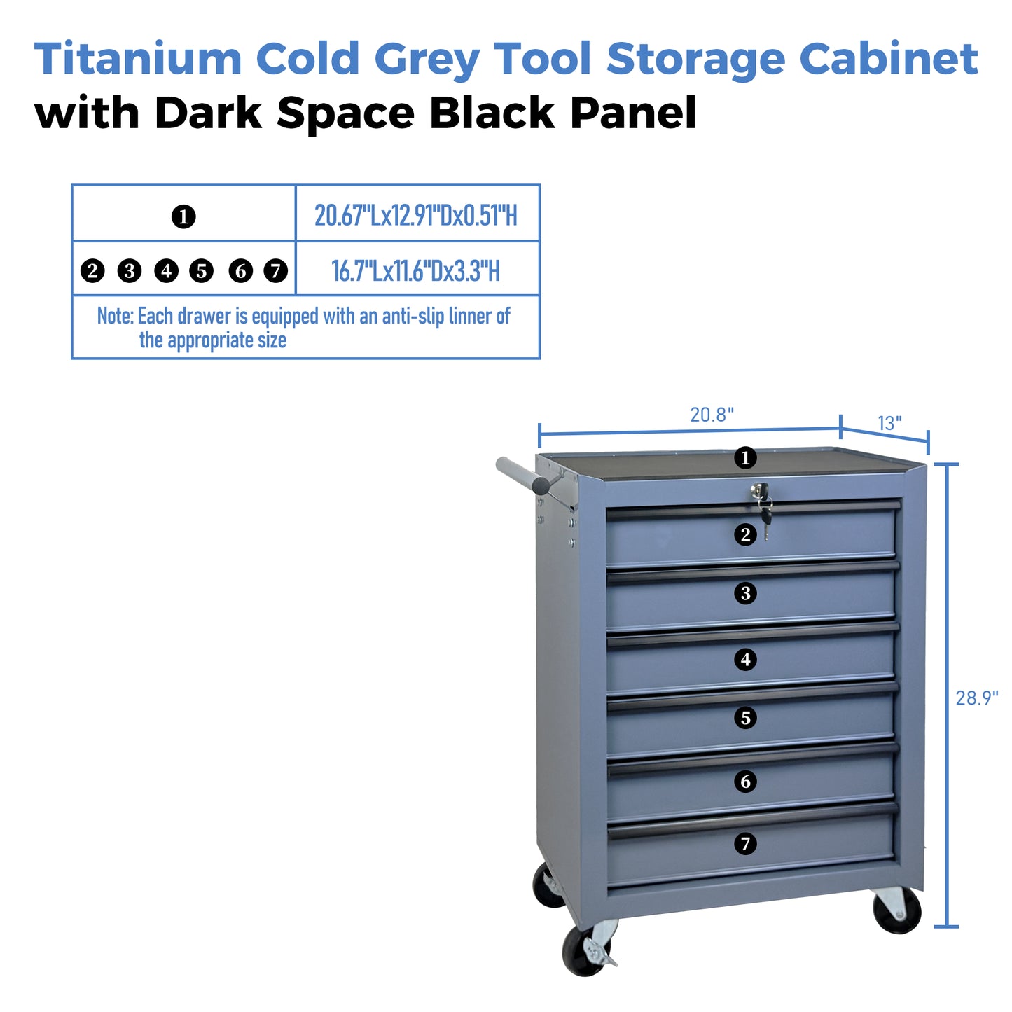 Rolling Metal Tool Chest with 6 Drawers - 20 Inch Steel Storage Cabinet, Grey