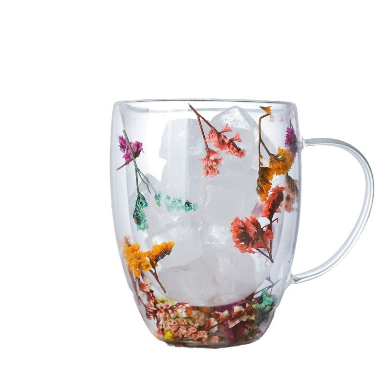 Double-Layer Glass Dried Flower Handled Cup - Modern Insulated Drinkware