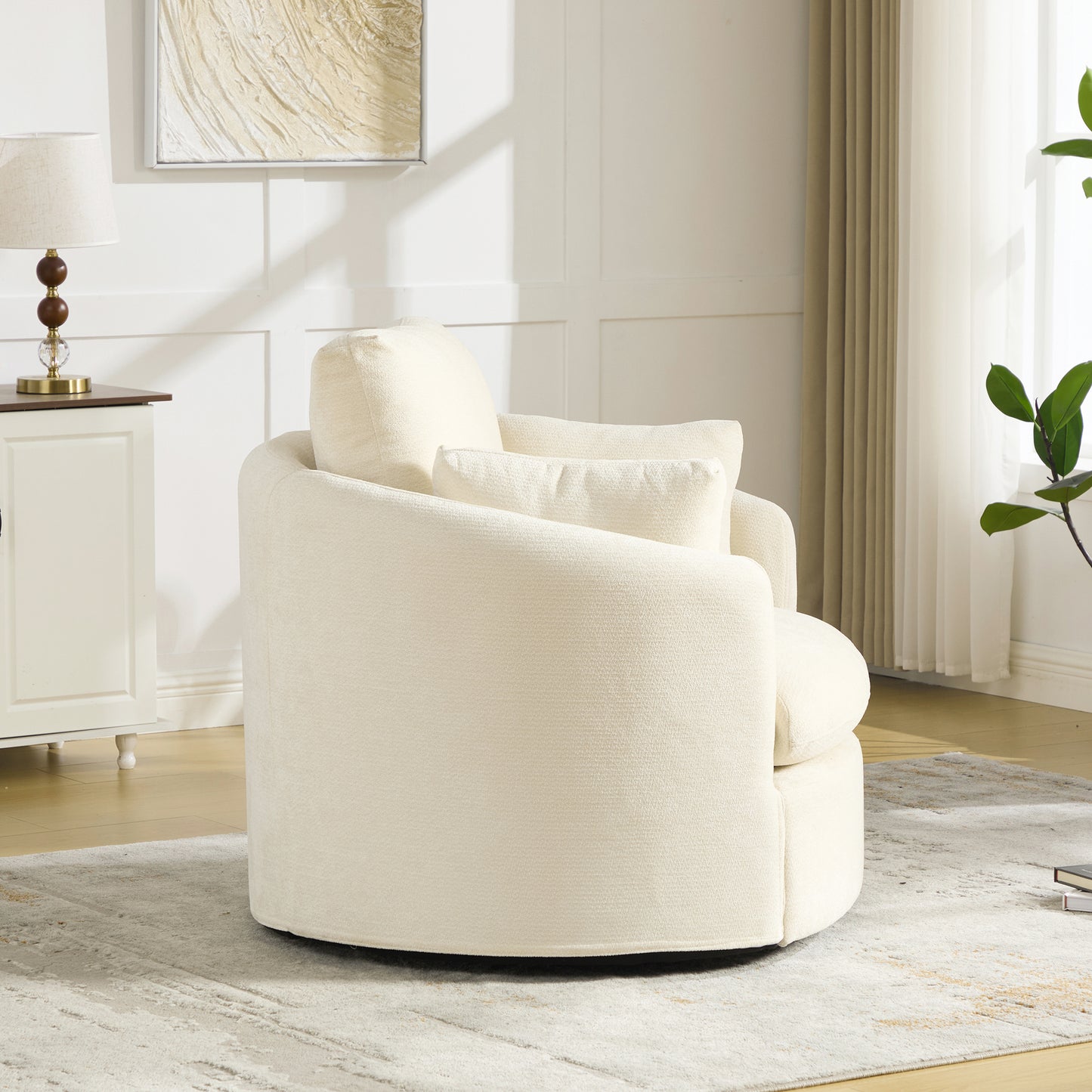 360° Swivel Barrel Chair with Chenille Fabric & 3 Pillows - Beige