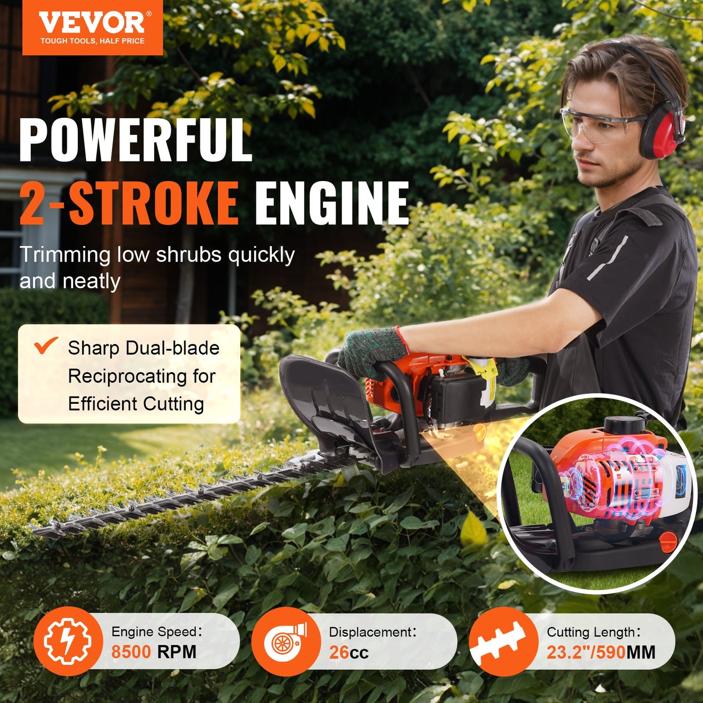Gas Powered Hedge Trimmer 23.2-Inch Dual Blade 2-Stroke Garden Tool