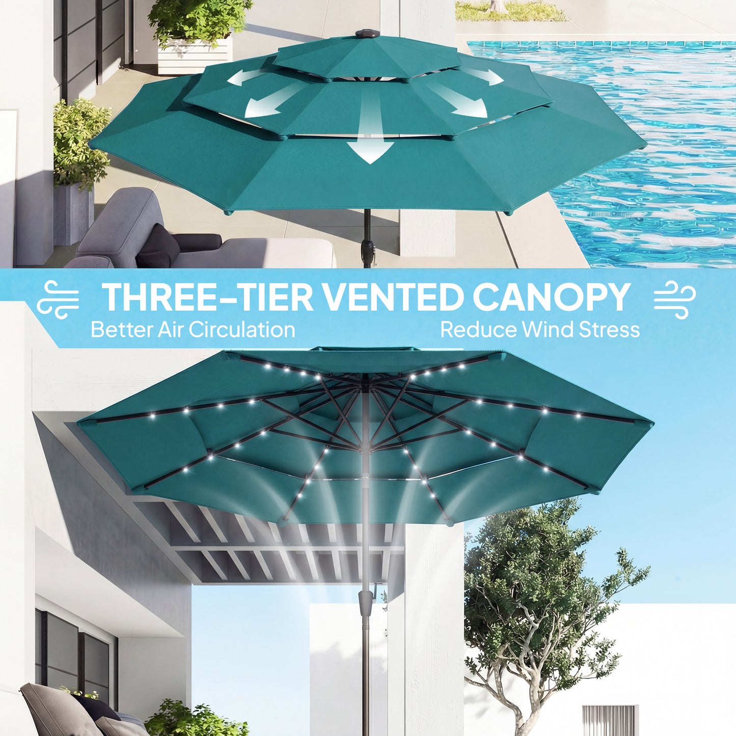 9.7 ft Solar LED Patio Umbrella with Tilt & Crank - Teal