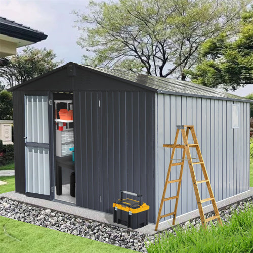 11x12.5 ft Outdoor Metal Garden Storage Shed with Windows and Lockable Door - Dark Gray