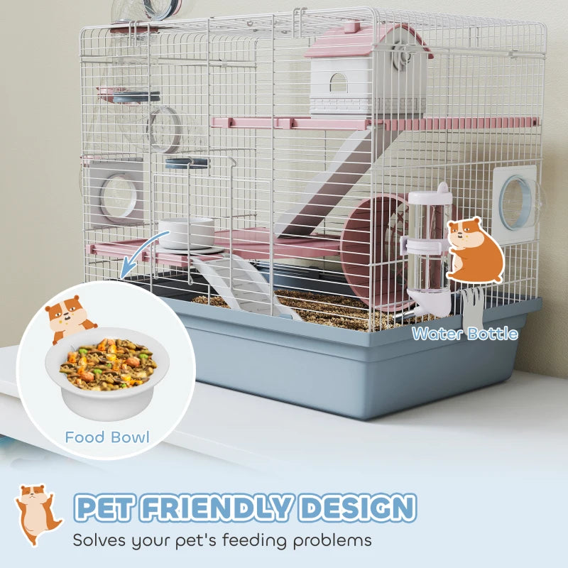 Small Animal Cage with Exercise Wheel Tunnels & Accessories - Blue, 3 Tiers