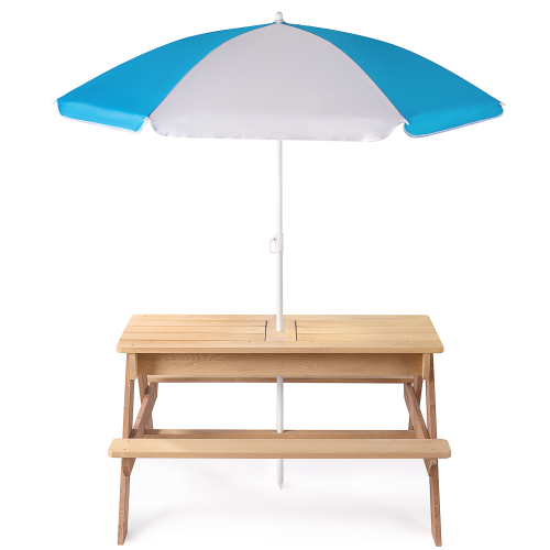 3-in-1 Kids Outdoor Wooden Picnic Table with Umbrella & Sand/Water Kettle