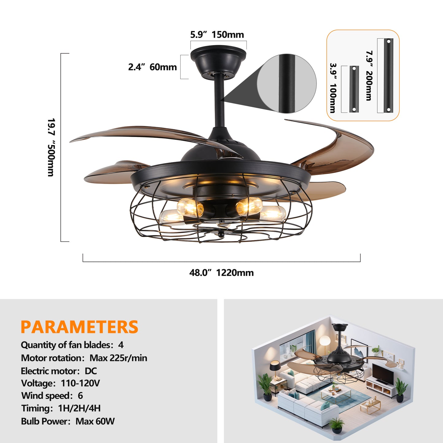 Black Remote Control Ceiling Fan - Industrial 4-Blade Design