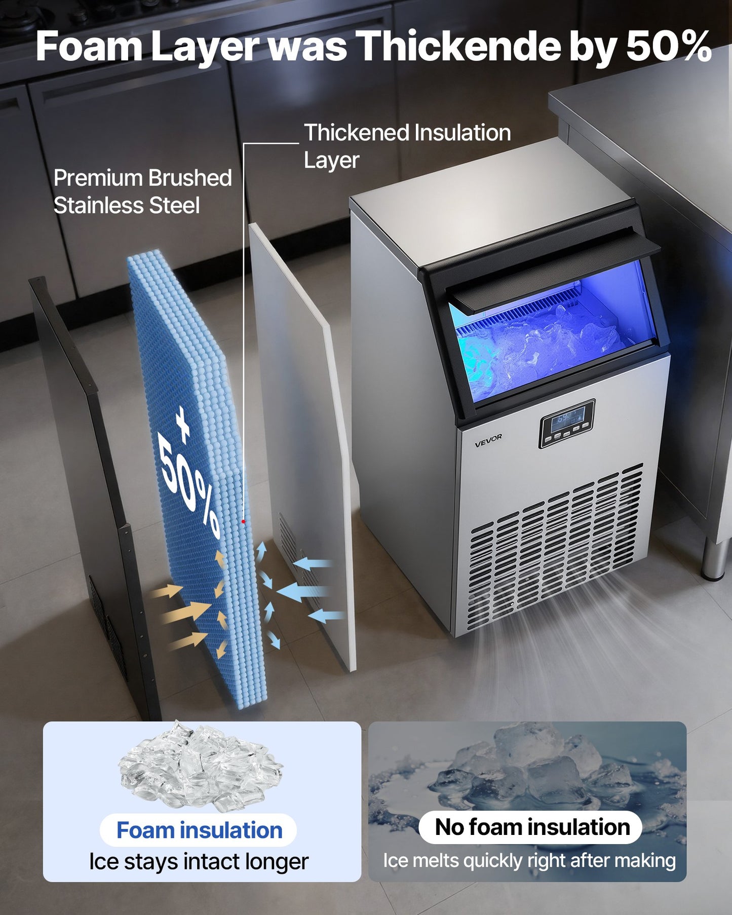 Commercial Ice Maker Machine 100 Lbs/24h with 26 Lb Storage - Stainless Steel, Built-in & Freestanding