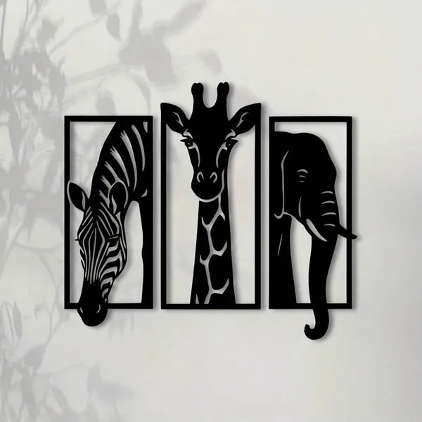 African Animal Metal Wall Art Set - Zebra Giraffe Elephant Decor - 3 Pieces