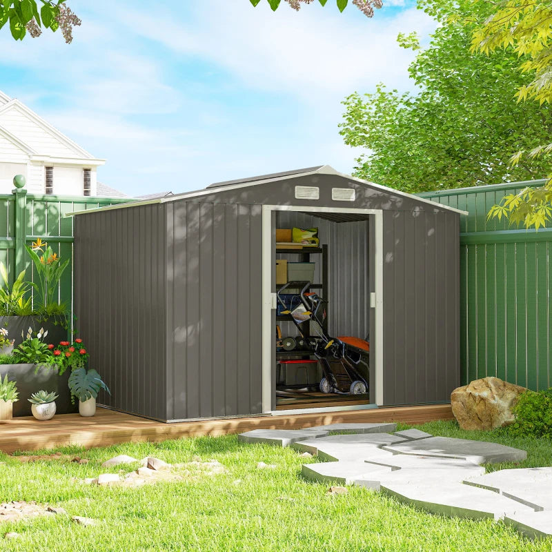 Outdoor Garden Tool Storage Shed - Galvanized Steel, Light Gray, 9x6 ft