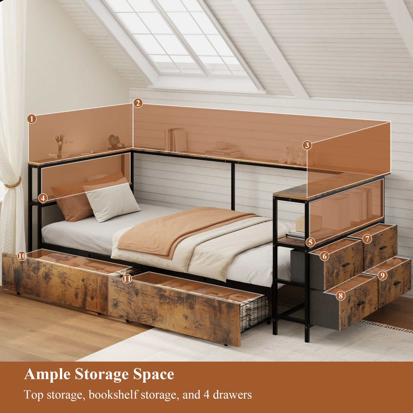 Twin Corner Daybed with Storage Drawers - Black Metal Frame