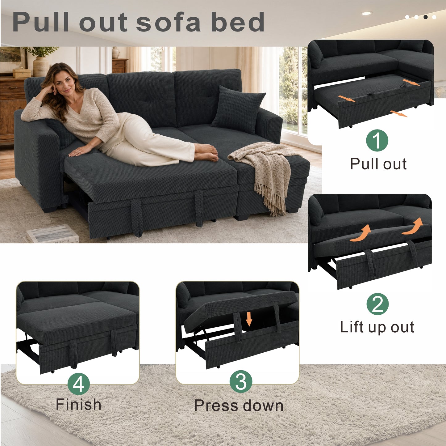 Reversible Chaise Sleeper Sofa Bed - Dark Gray, L-Shaped Sectional