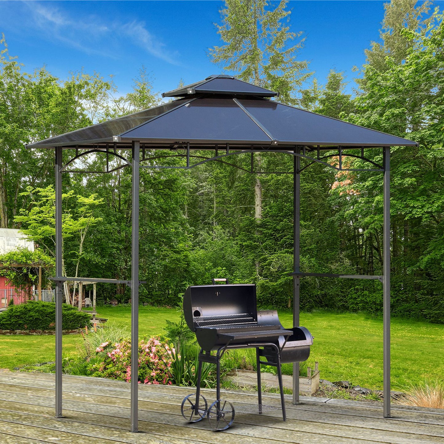 Outdoor BBQ Gazebo Tent with Side Shelves - Brown, 7.9' x 4.9'