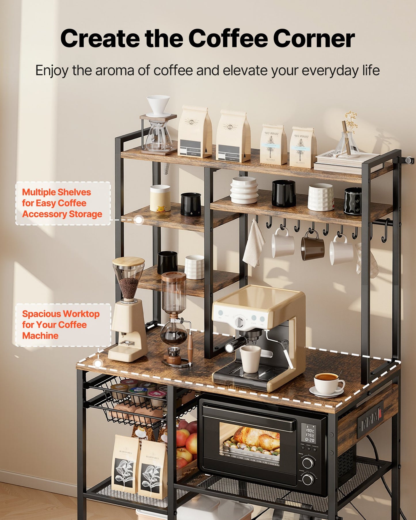 Kitchen Bakers Rack with Power Outlet, 5 Ft Metal Stand, Hooks & Shelves