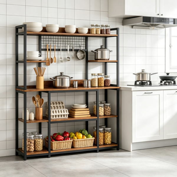 Large 5-Tier Bakers Rack with Hooks - Black & Brown