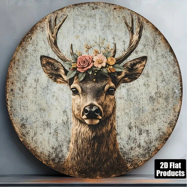 Vintage Deer Head Wreath Sign - 8x8 Inch Metal Plaque