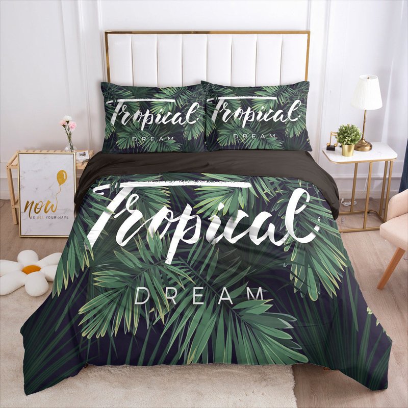 Green Leaf Bedding Set with Quilt Cover and Pillowcases - Multiple Sizes & Styles