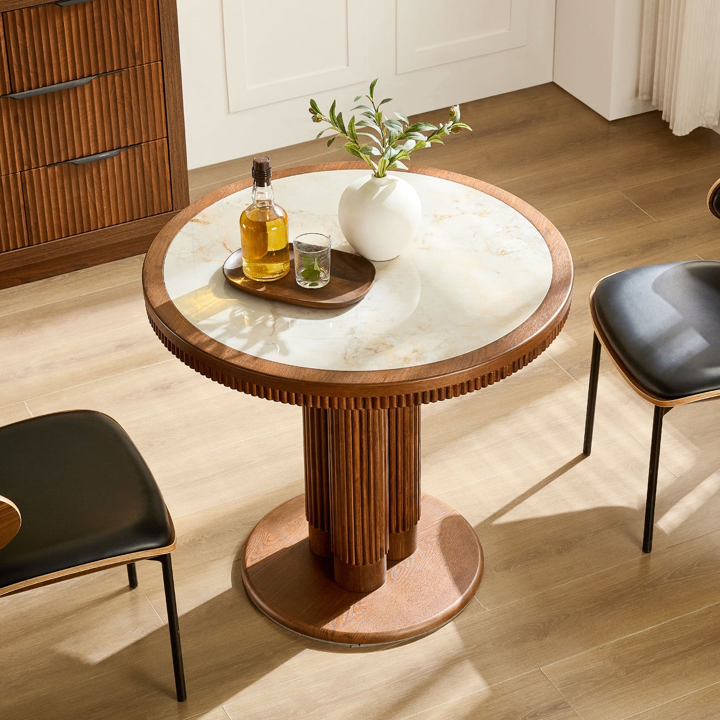 33-Inch Round Dining Table with Sintered Stone Top - Walnut
