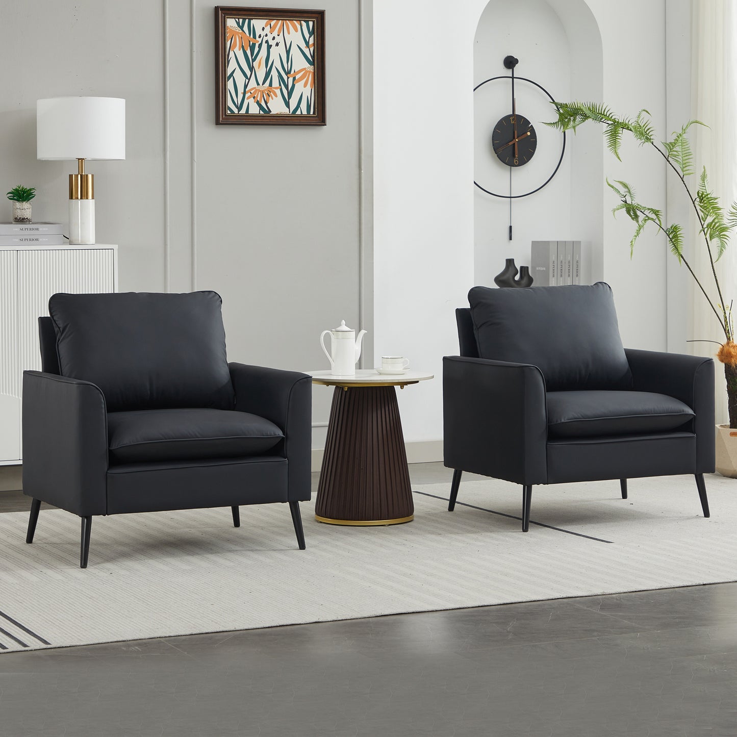 Black Leather Upholstered Single Sofa Chair - Nordic Retro Style
