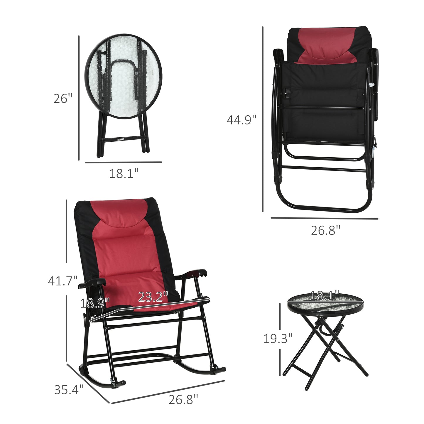 3-Piece Outdoor Bistro Set with Folding Rocking Chairs - Red
