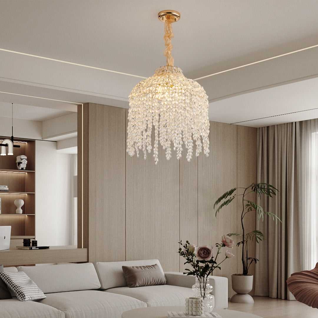 16 Inch Crystal Pendant Light Chandelier with Waterfall Design & Gold Finish