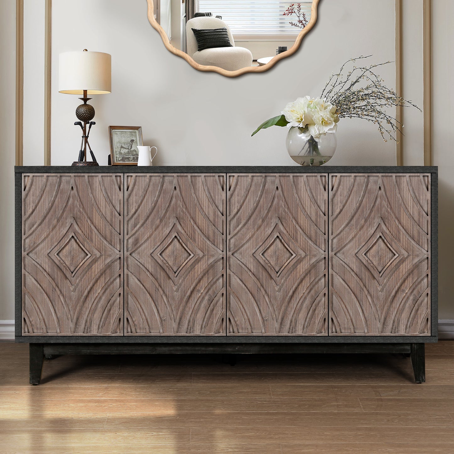 Mid Century Sideboard Buffet Cabinet with Solid Wood Legs - Antique Brown