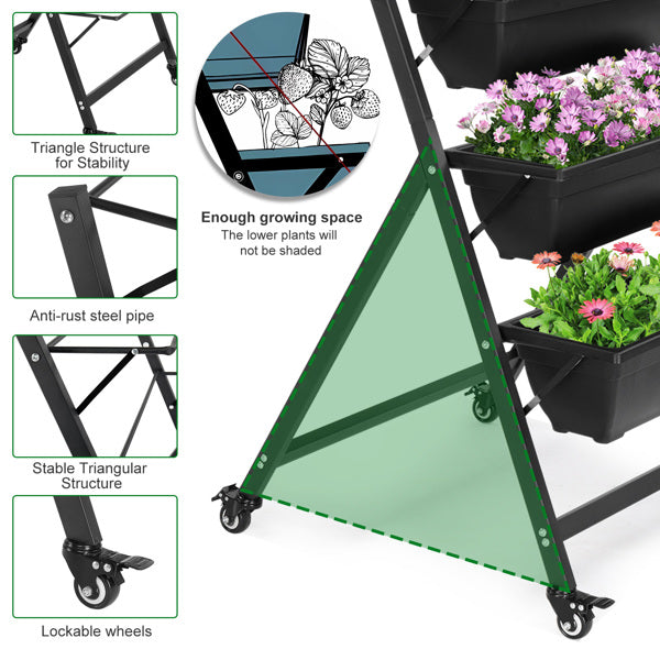 Black 5-Layer Vertical Garden Planter with Wheels - 65x60x130cm