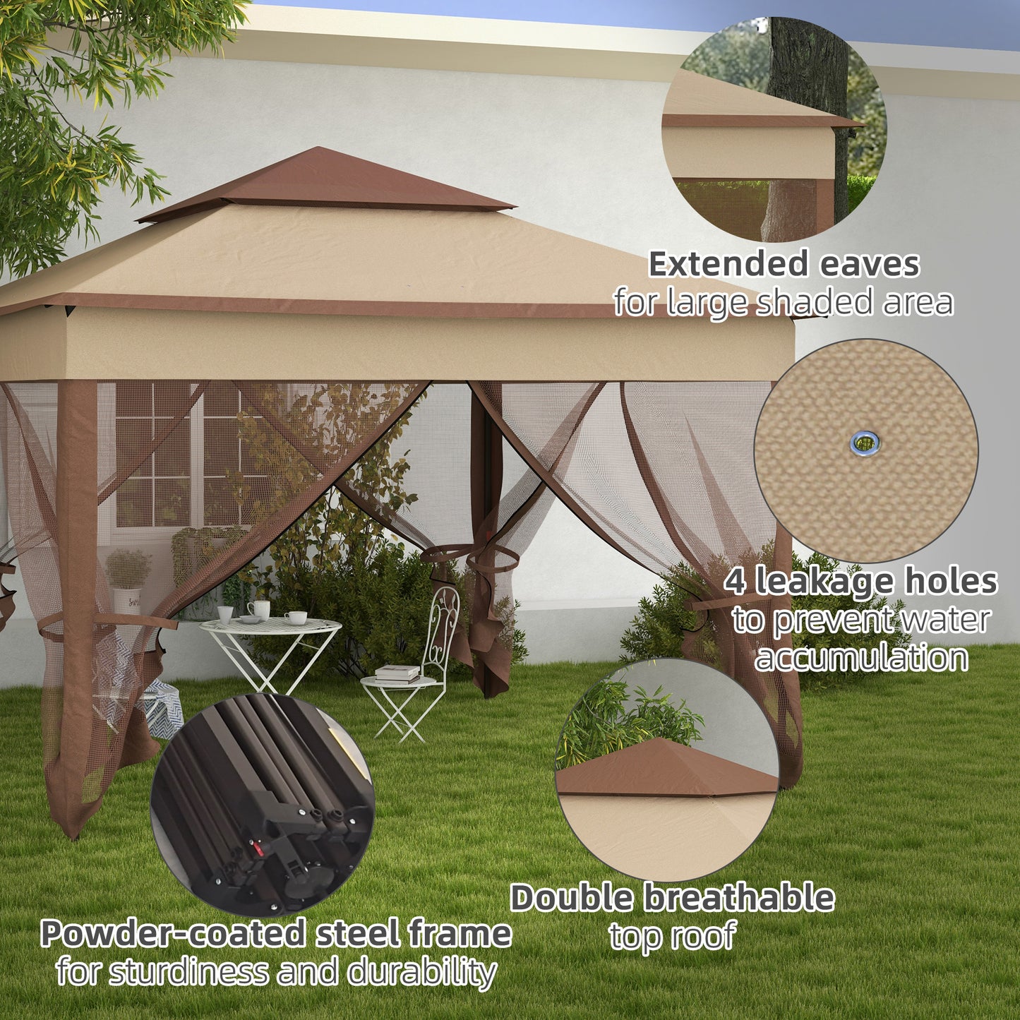 Pop-Up Canopy Gazebo Shelter with Zipper Netting - Khaki 11x11