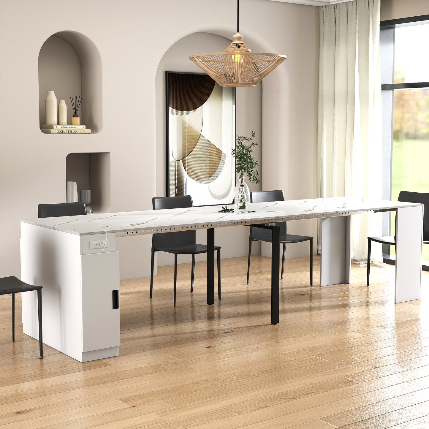 Extendable Dining Table with Outlet - Space-Saving White Design