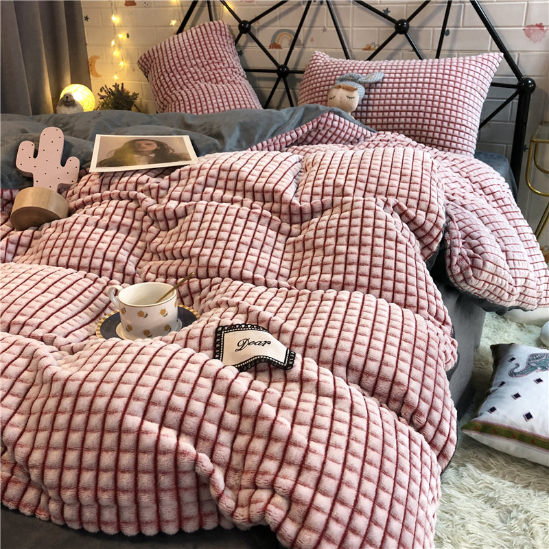 Dark Gray Velvet Bedding Set with Quilt Cover and Pillowcases - Four Piece