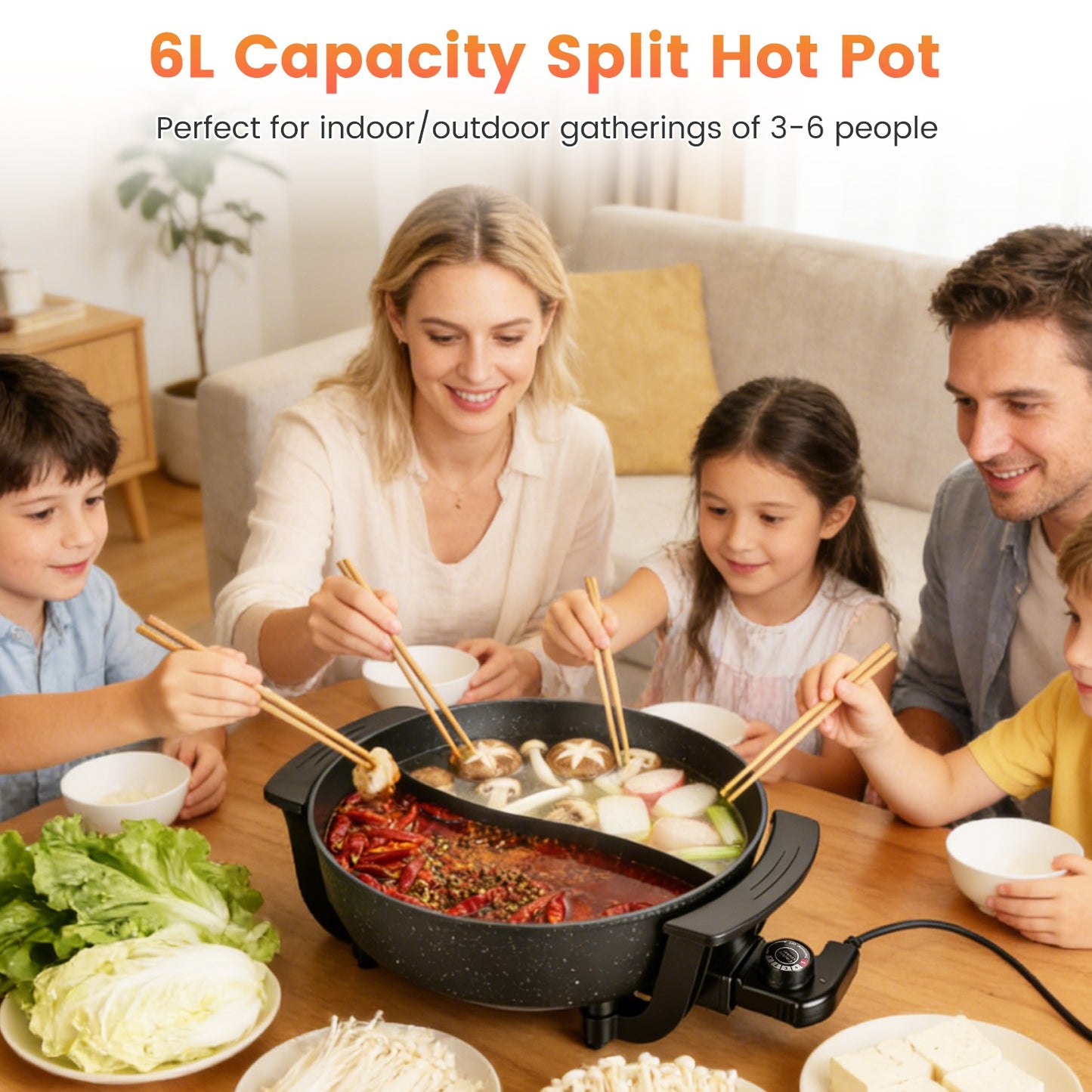 6L Electric Hot Pot with Divider, 1100W, 5-Temp Control, Non-Stick, Black