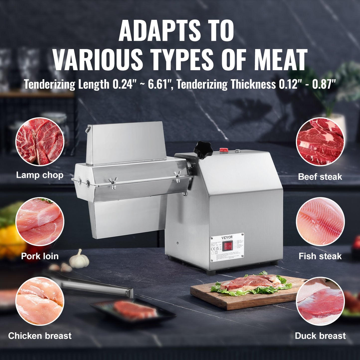 Heavy Duty Commercial Meat Tenderizer Machine with Stainless Steel Blades - 750W Electric Kitchen Tool for Beef, Poultry, Fish