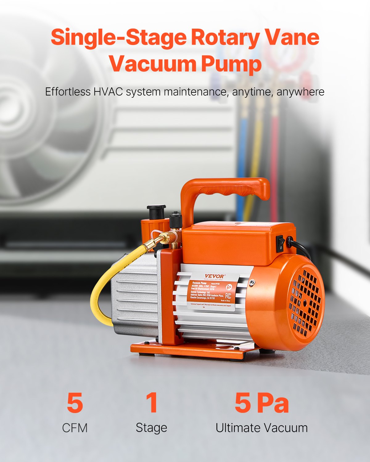 HVAC Vacuum Pump 5 CFM Single Stage Rotary Vane Oil Included Orange