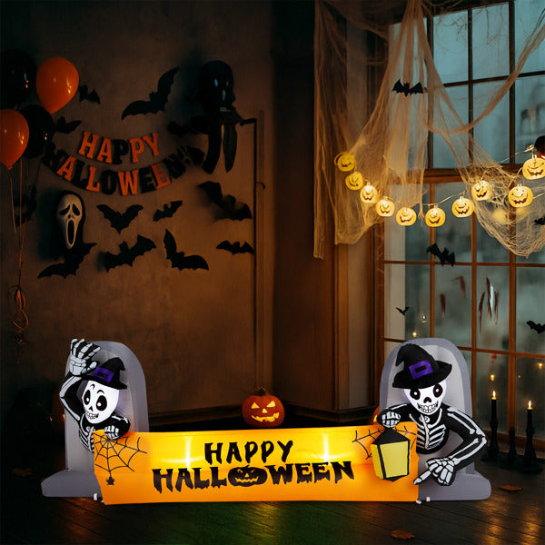 9.6FT Halloween Inflatable Skeleton Tombstone Banner with LEDs