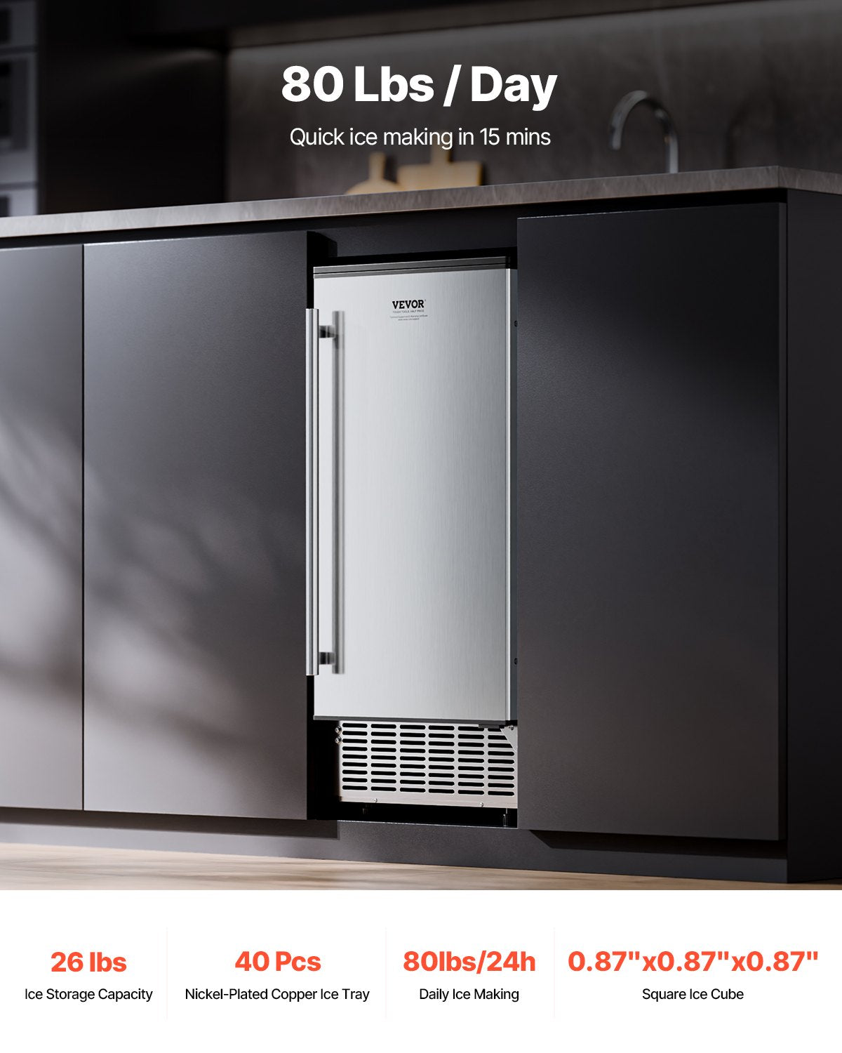 Undercounter Ice Maker 80 Lbs/Day Built-In with Reversible Door - Kitchen Appliance