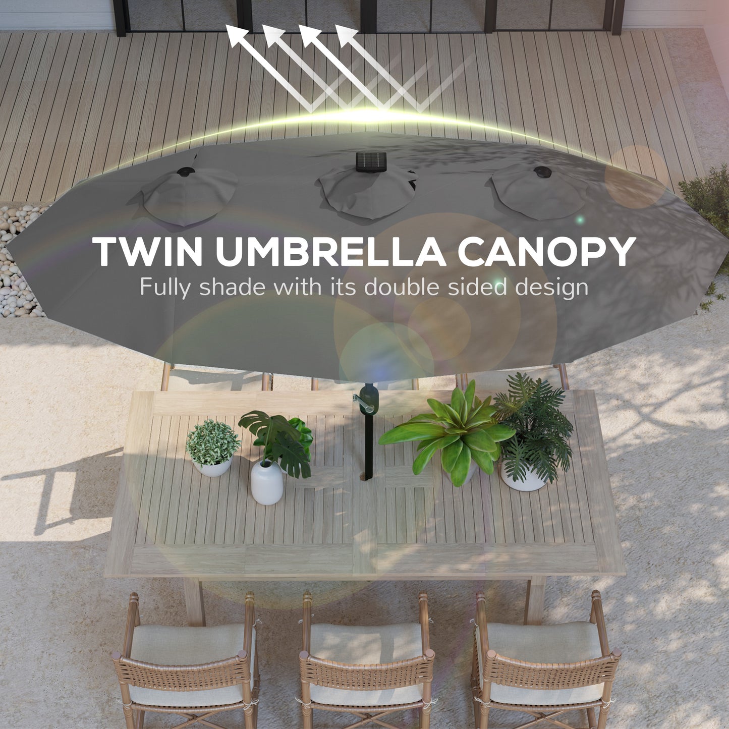 Double-Sided Patio Umbrella with Solar LED Light - Gray