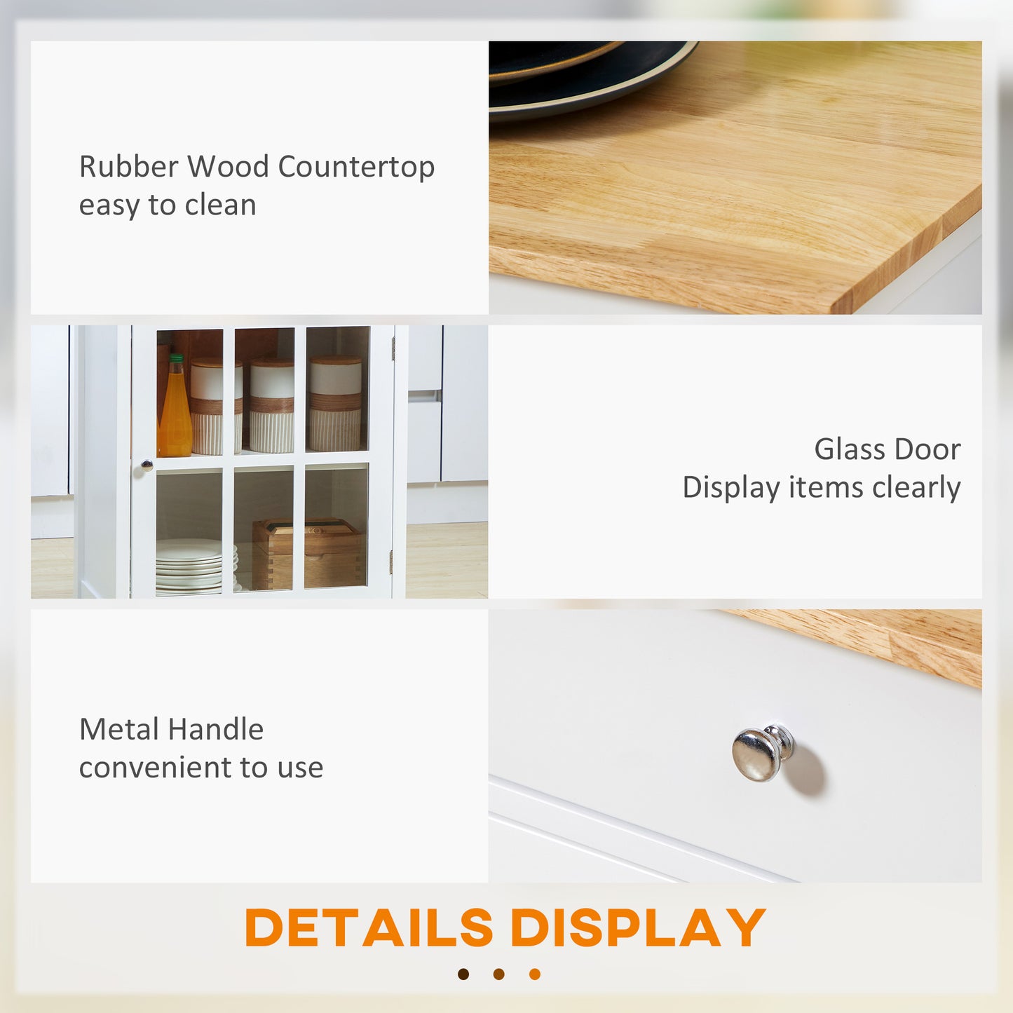Rolling Kitchen Island Cart with Drawer & Glass Door Cabinet - White