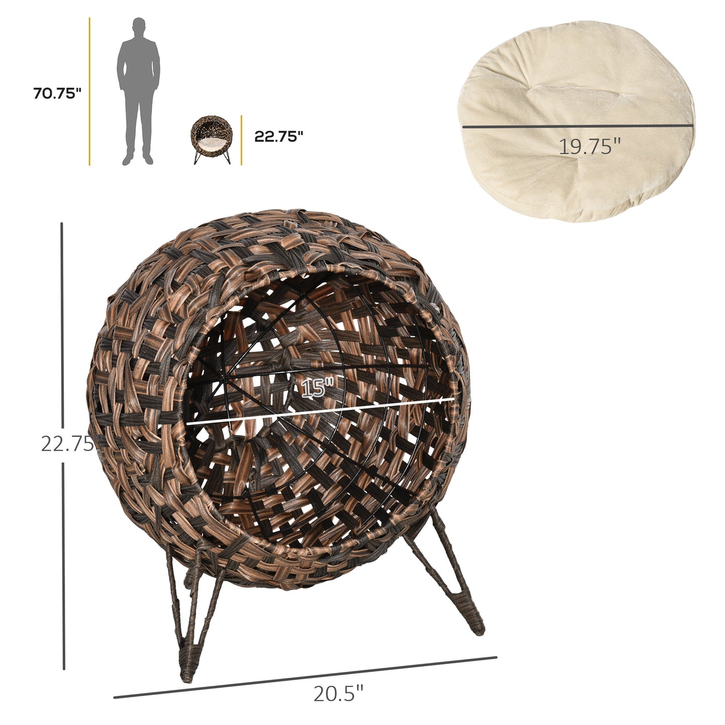 20.5-Inch Weaved Cat Bed with Cushion - Elevated Handwoven Banana Leaf Condo in Brown