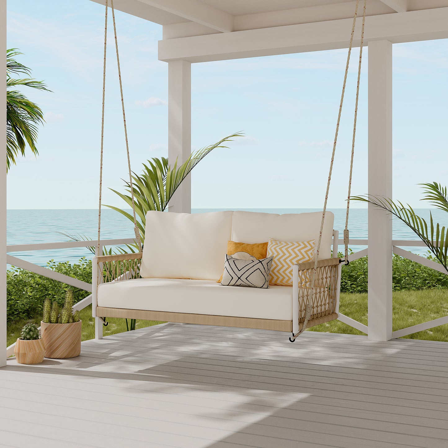 Woven Rope Outdoor Swing Sofa with Soft Cushions for 2 - Beige