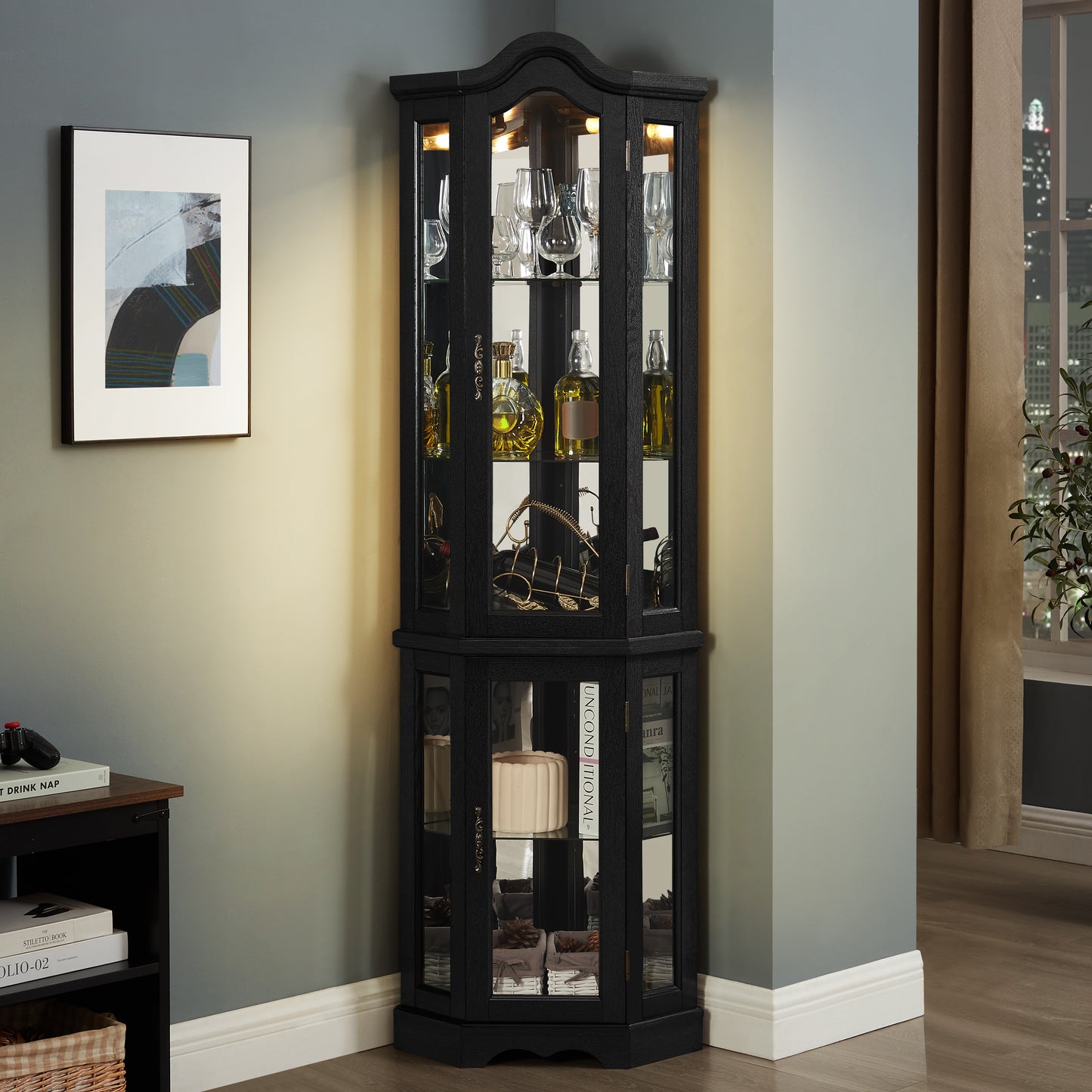 Lighted Corner Curio Cabinet With Tempered Glass Doors & Shelves -