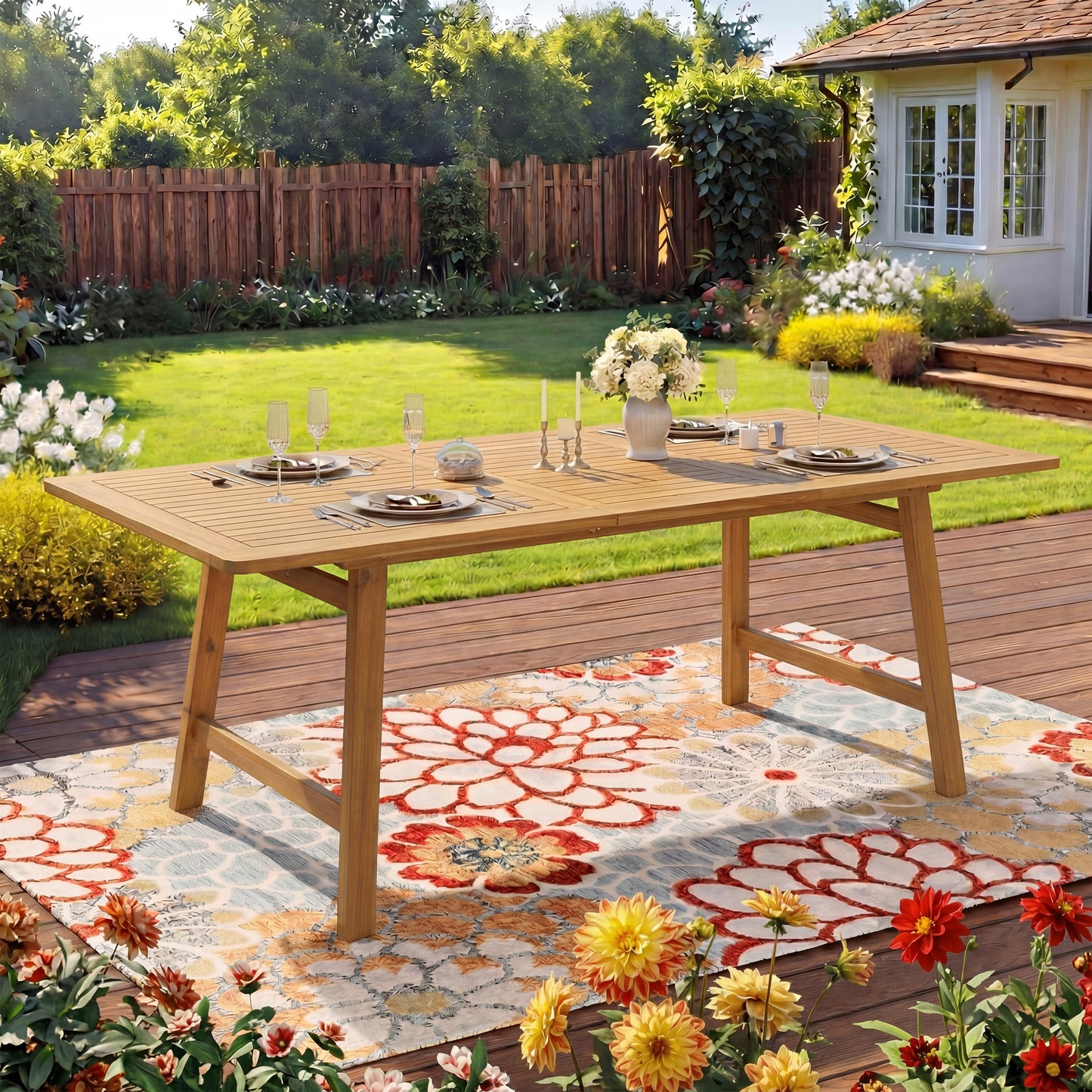 Extendable Acacia Wood Outdoor Dining Table - Teak Finish